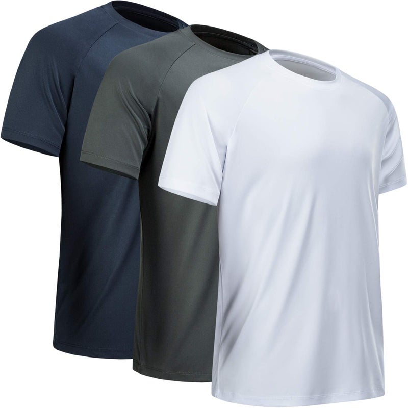 MCPORO Workout Shirts for Men Short Sleeve Quick Dry Athletic Gym Active T Shirt Moisture Wicking 3 Pack Navy, Dark Grey, White Large - Image 1
